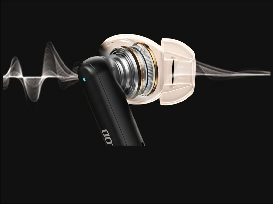Close-up of a RELOD TouchBud earbuds noise cancellation