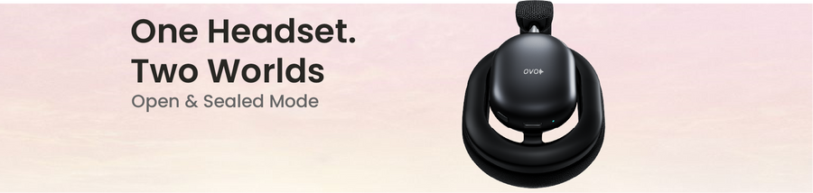 RELOD OVO Air Headset with 'One Headset. Two Worlds' text on a gradient background