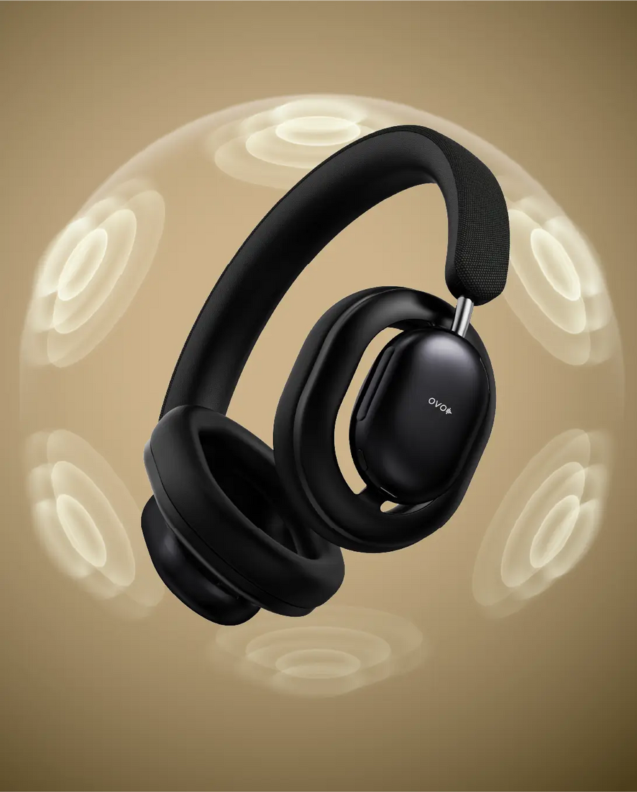 Black RELOD OVO Air headphones on a beige background with a subtle light pattern