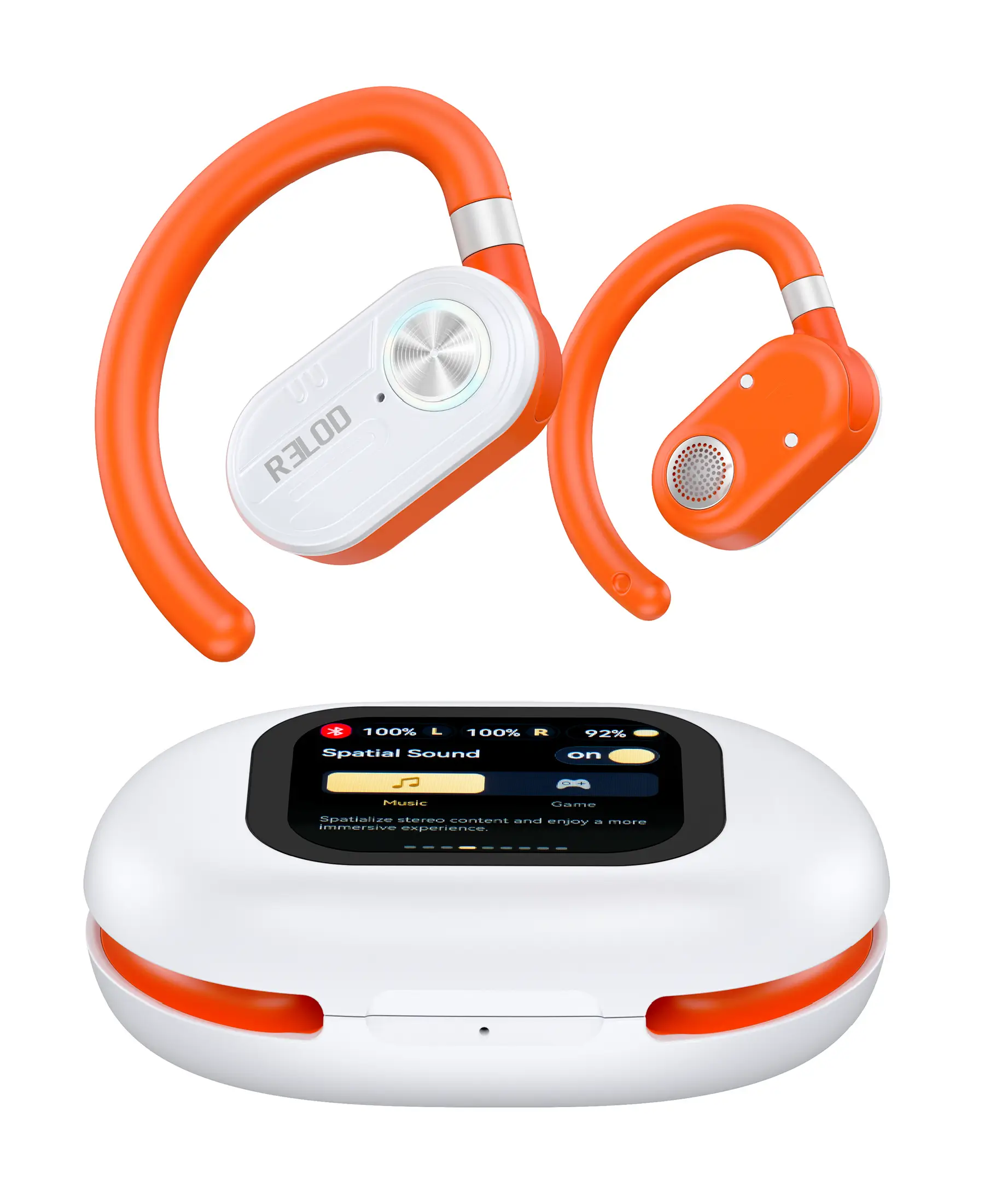 RELOD TouchFit PRO open-ear wireless earbuds with smart LCD charging case orange white