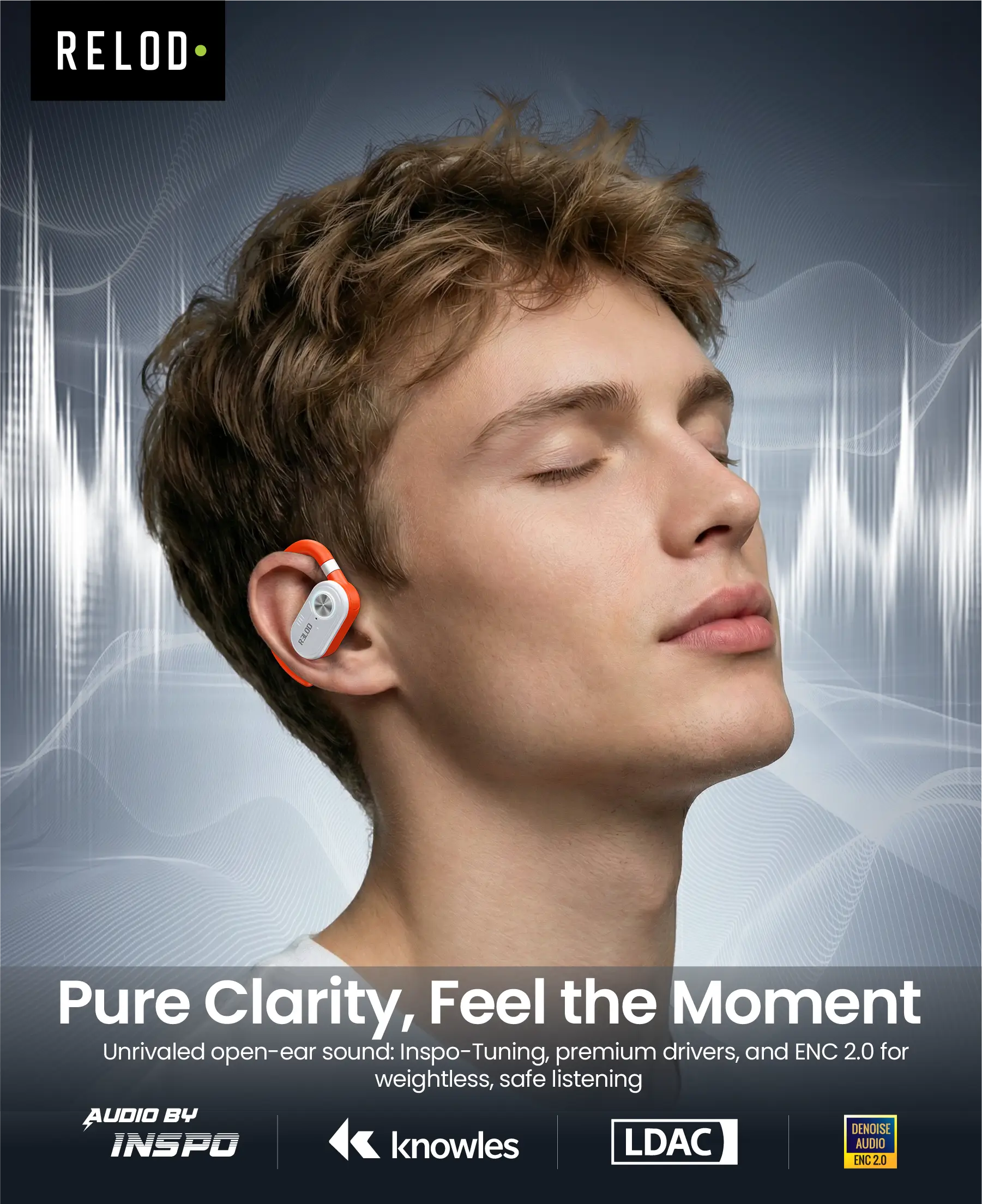 Man wearing RELOD TouchFit PRO open-ear earbuds pure clarity sound