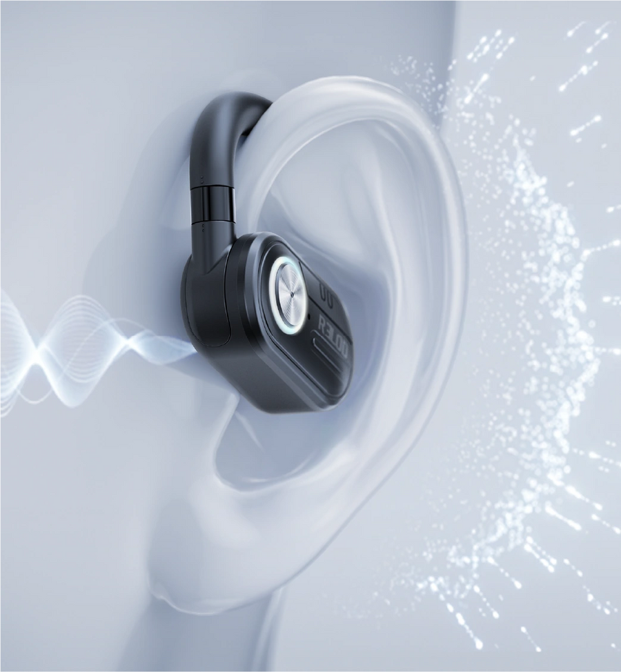Black RELOD TouchFit PRO wireless earbud with sound wave graphics on a light gray background