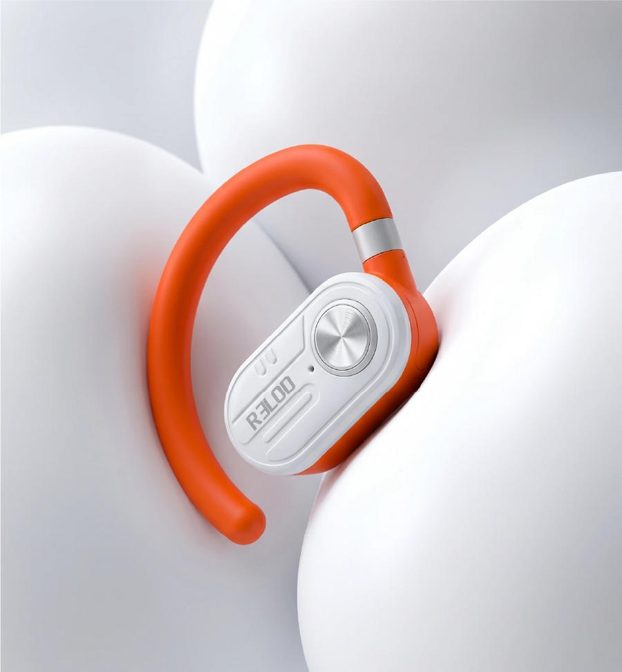 Orange RELOD TouchFit PRO and white Bluetooth headset on a white background