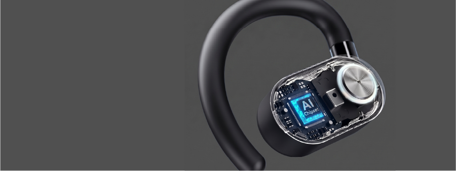Close-up of a wireless RELOD TouchFit PRO earbud with visible electronic components on a gray background