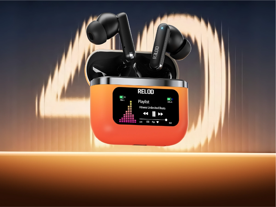 Wireless earbuds with an orange charging case displaying the brand 'RELOD'.