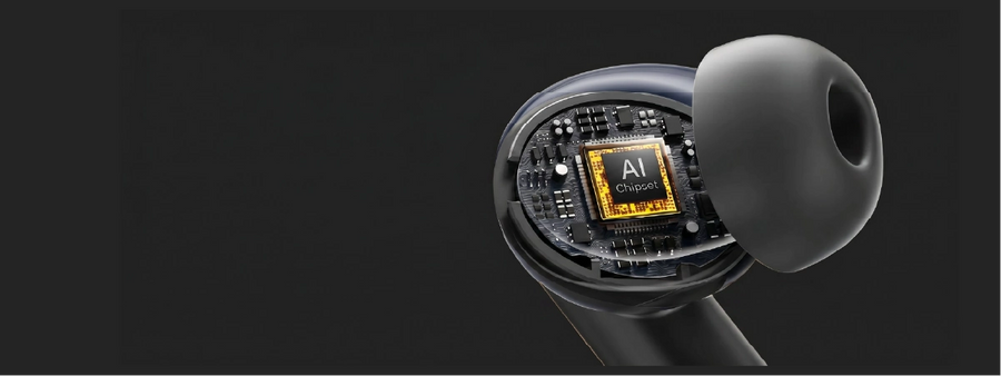 In-ear RELOD TouchBud with a visible chip on a dark background