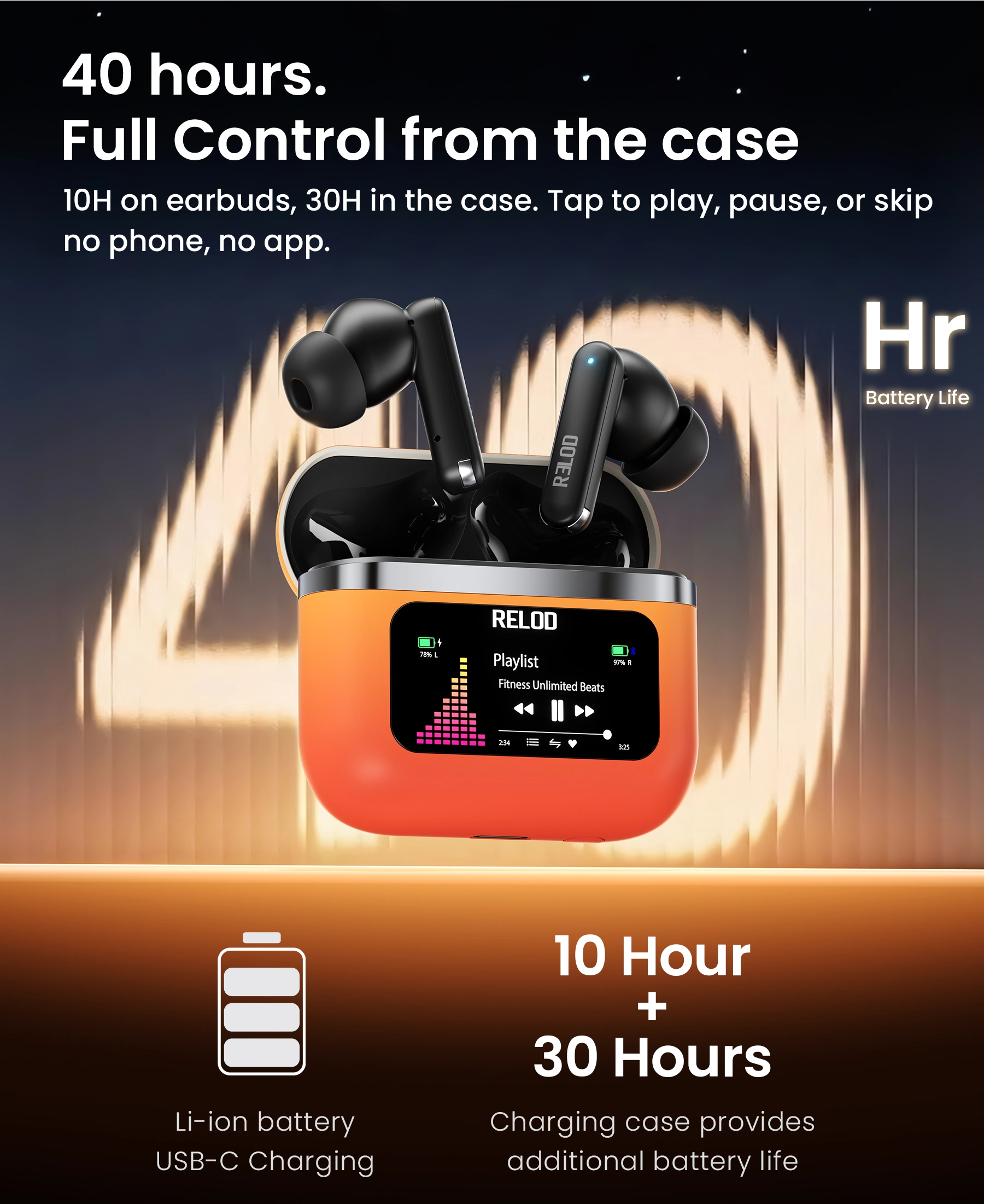 RELOD Touchbuds full playback control from TouchDock case 40 hour total battery life