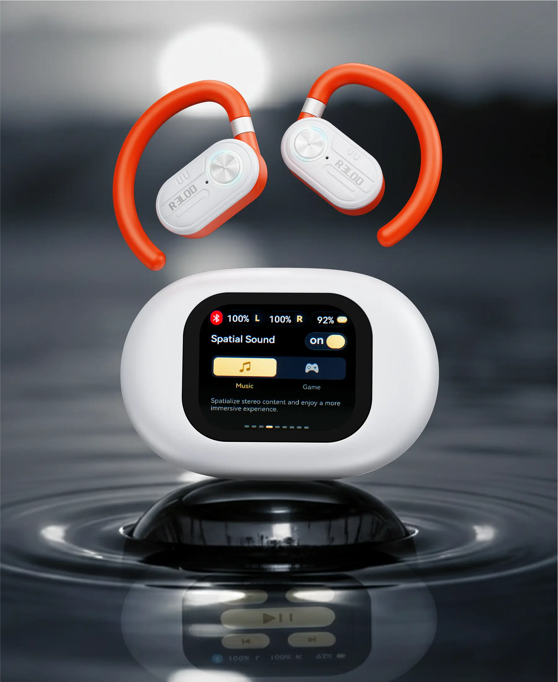 RELOD TouchFit PRO open-ear earbuds removed from smart charging case product shot