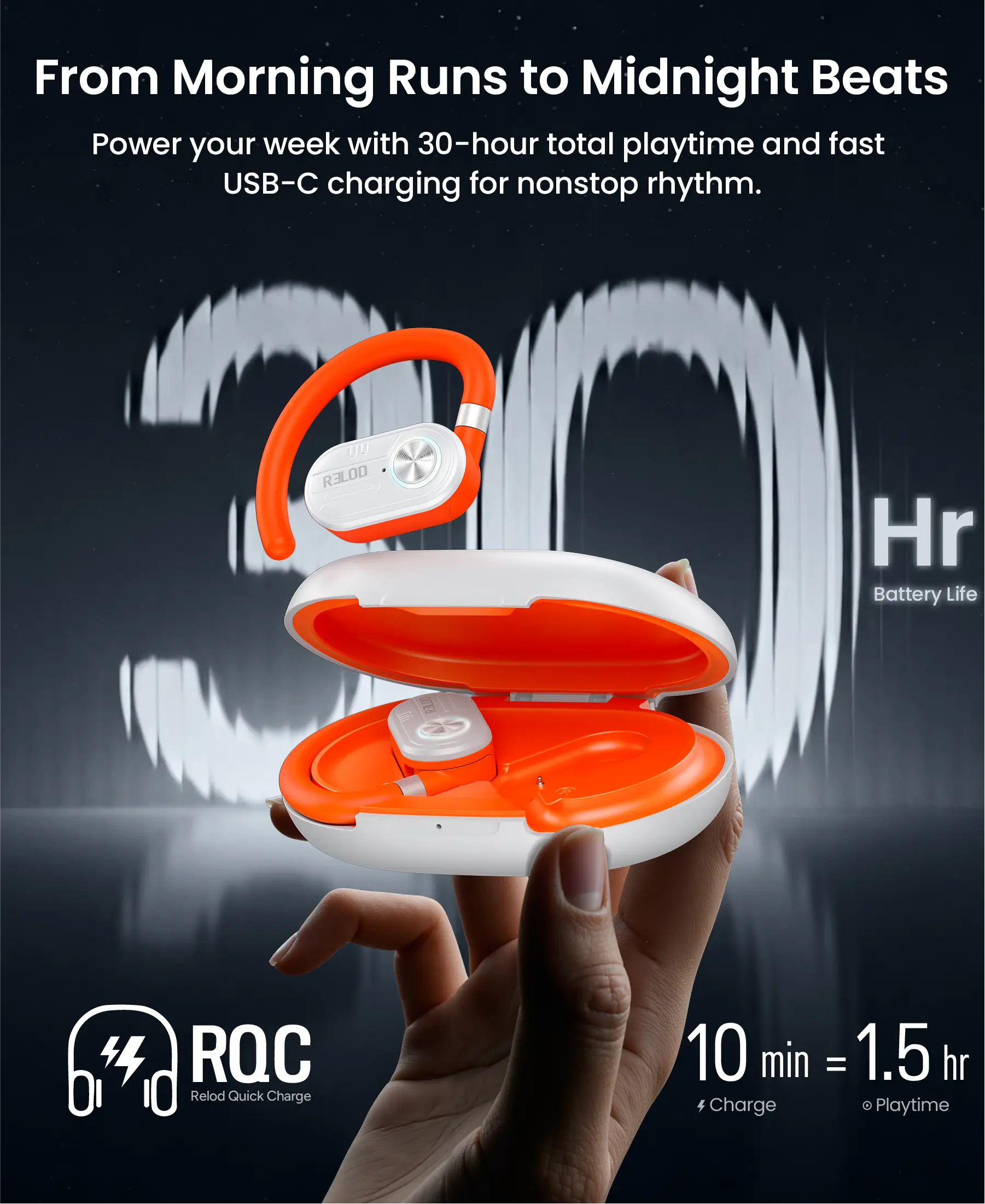 RELOD TouchFit PRO 30 hour total battery life 10 hour earbuds USB-C fast charge