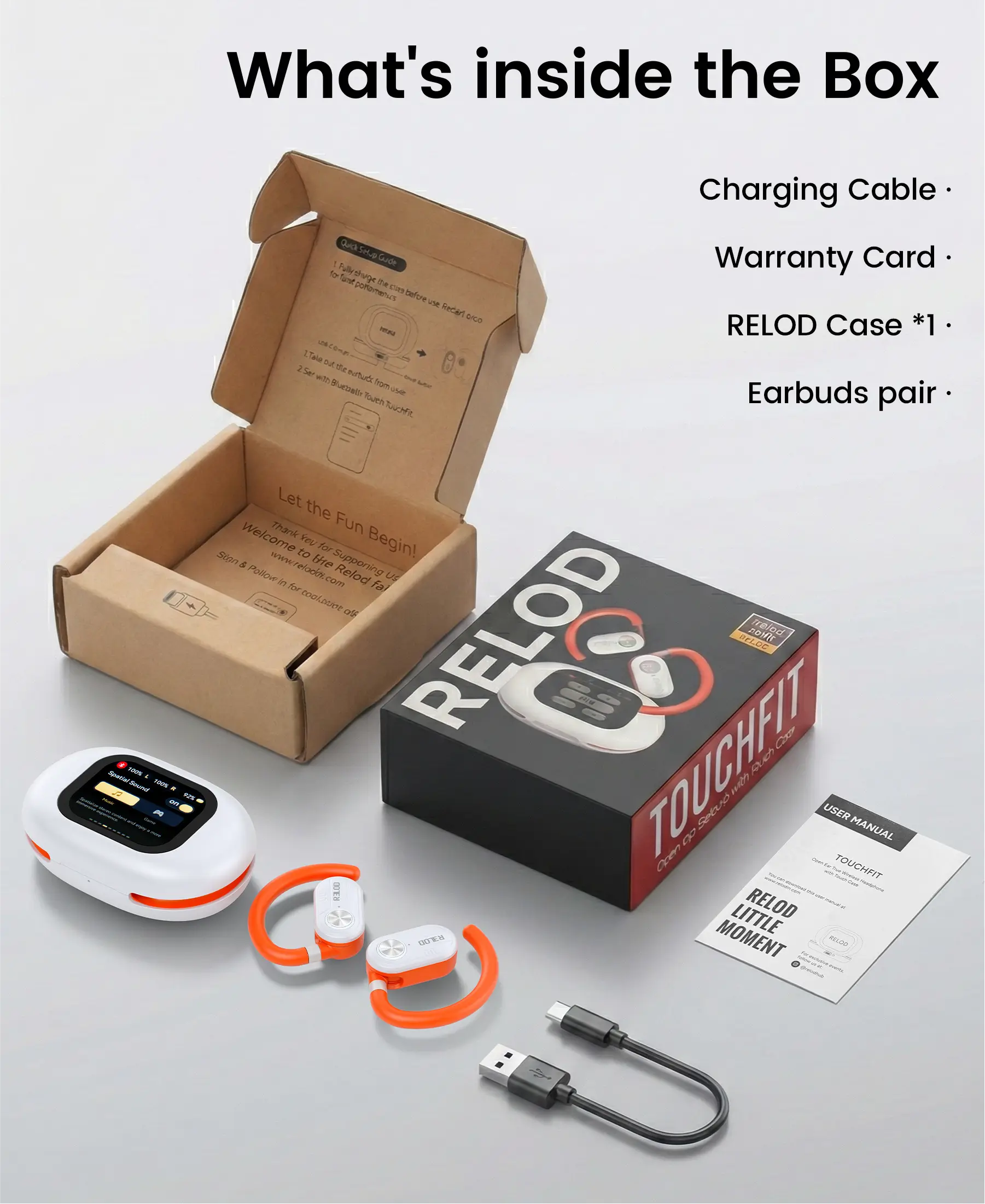 RELOD TouchFit PRO portable smart case unboxing earbuds charging cable ear tips included