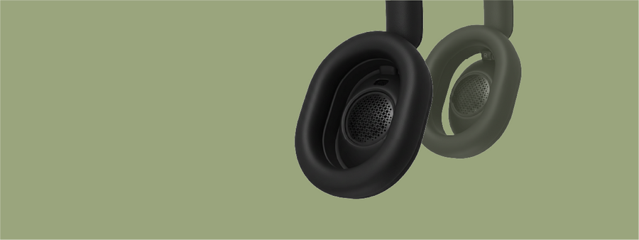 Close-up of a pair of black RELOD OVO Air headphones on a green background